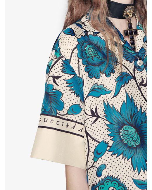 Gucci Silk Bowling Shirt With Watercolor Flowers In White Lyst