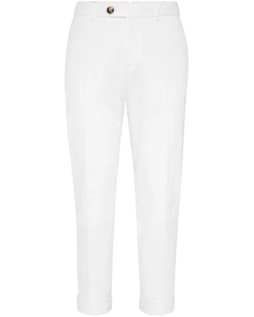 Brunello Cucinelli White Cotton Gabardine Trousers for men