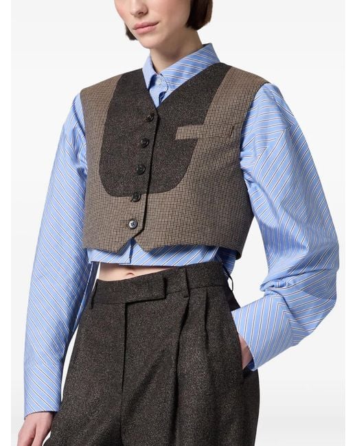 MSGM Brown Check-Pattern Cropped Waistcoat