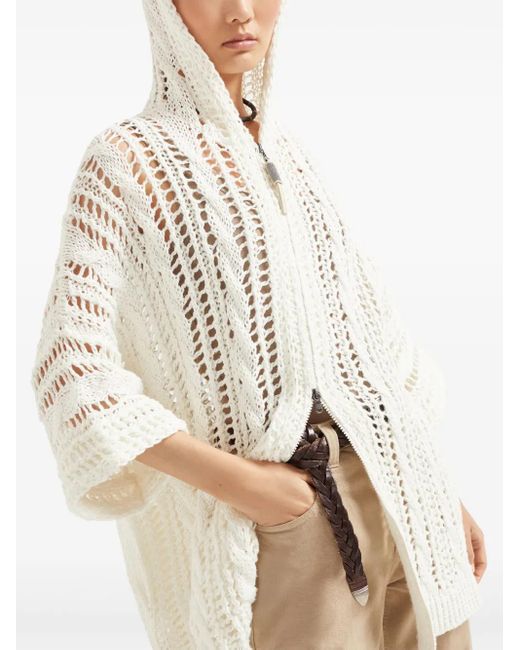 Brunello Cucinelli White Jute-Cotton Net-Knit Hooded Cardigan