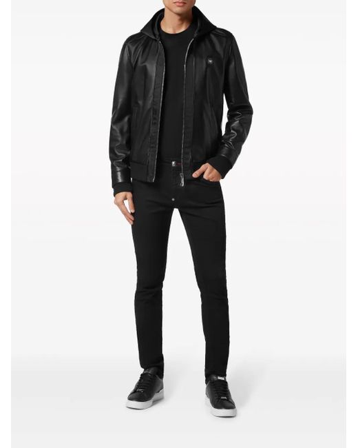 Philipp Plein Black Leather And Satin Hooded Bomber Jacket for men