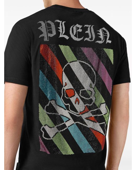 Philipp Plein Black Embellished Rainbow Stripes T-shirt for men
