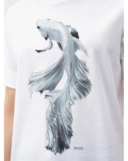 Boss White Fish-Print T-Shirt