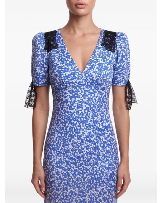 POST MERIDIEM Blue Floral-Print Lace-Trim Midi Dress