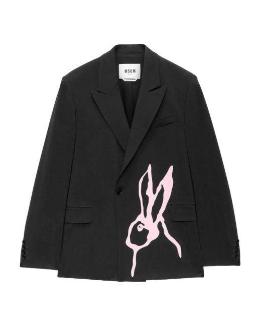 MSGM Black Rabbit-Print Single-Breasted Blazer