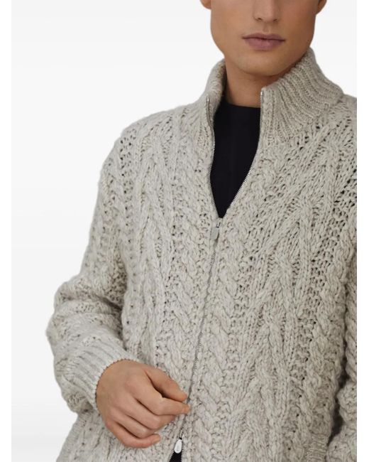 Brunello Cucinelli White Neutral Cable-knit Zip-up Cardigan - Men's - Fabric/cashmere for men
