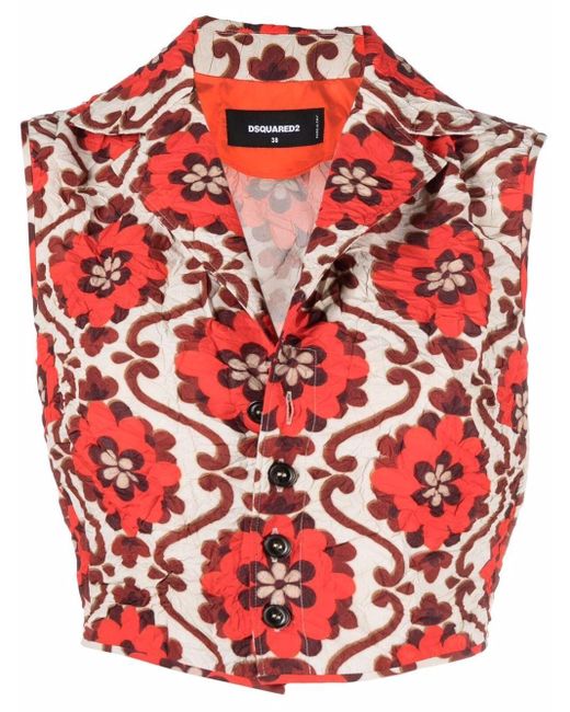 DSquared² Red Floral-print Cropped Waistcoat Jacket