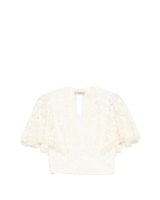 Twinset White Lace Flared-Sleeves Blouse