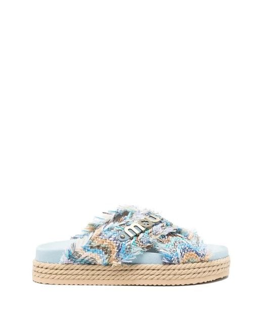 Mou Blue Frayed-Edge Logo-Plaque Sandals