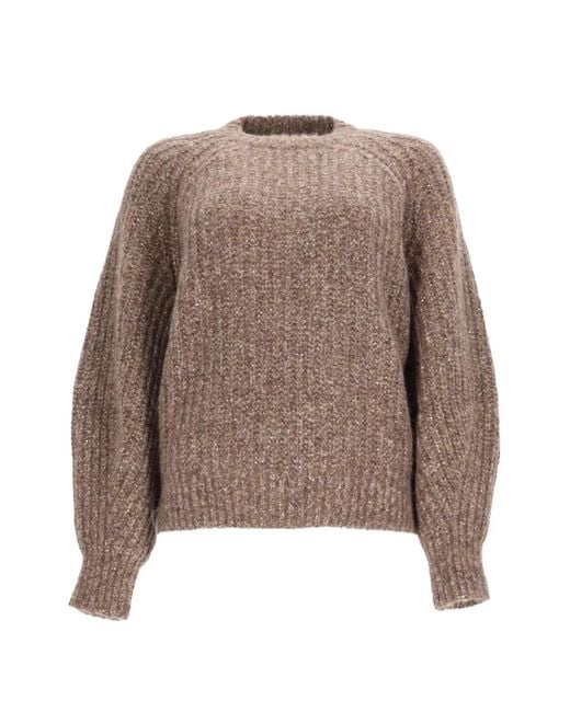 Brunello Cucinelli Brown Sequin-Embellished Ribbed-Knit Sweater