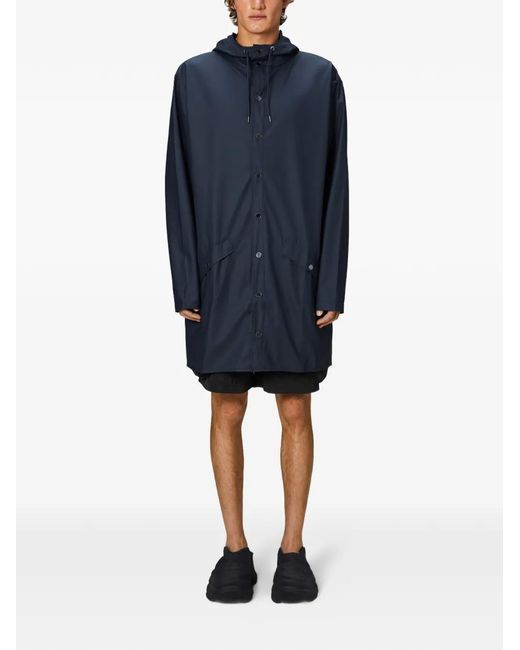 Rains Blue Button-Fastening Hooded Coat