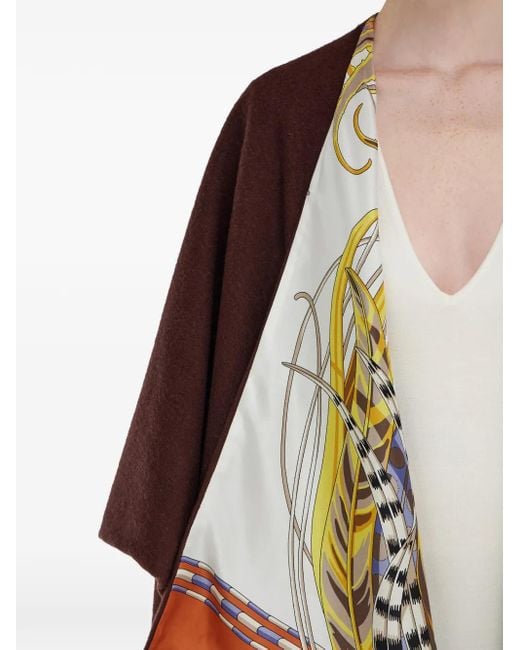 Ferragamo Brown Rooster-Print Fringed Reversible Poncho