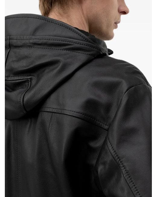 Boss Black Hooded Leather Jacket for men