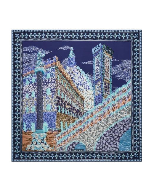 Ferragamo Blue Palazzo-Print Silk Foulard Scarf
