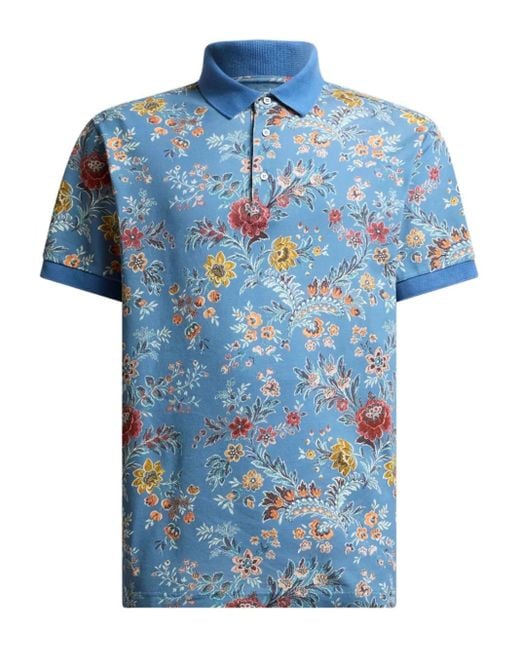 Etro Blue Floral-Print Polo Shirt for men