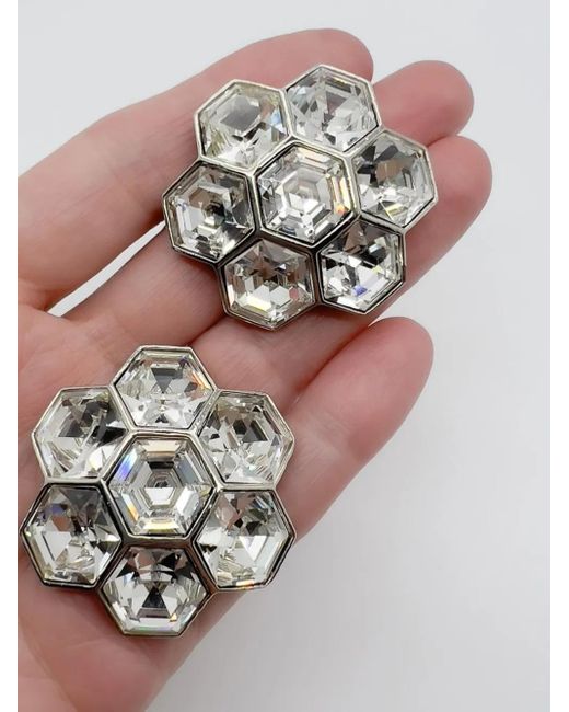 JENNIFER GIBSON JEWELLERY White Vintage Art Deco Inspired Hexagonal Crystal Floral Earrings 1980s