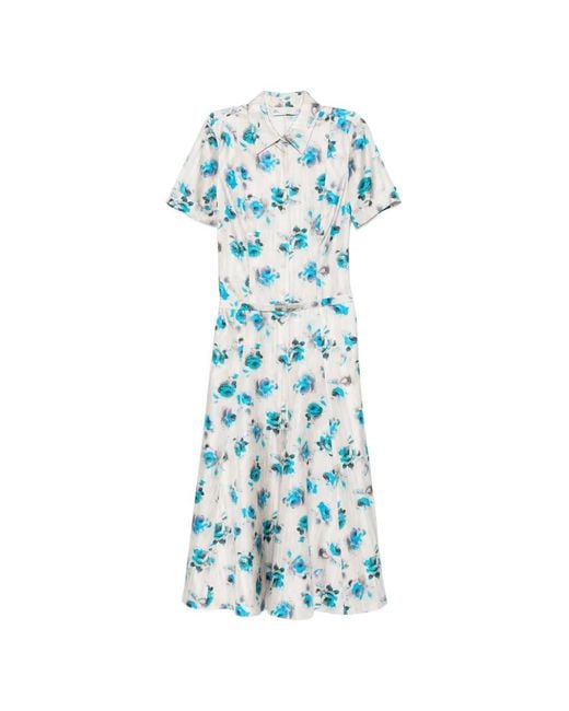 Tory Burch Blue Floral-Print Flared Shirt Dress