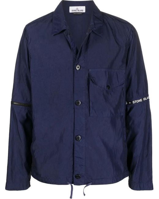 Stone Island Blue Detachable-Sleeves Logo-Print Shirt Jacket for men