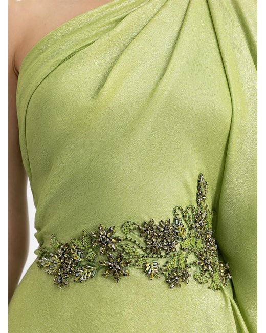 Gemy Maalouf Green One-Shoulder Beaded-Waistline Gown Dress