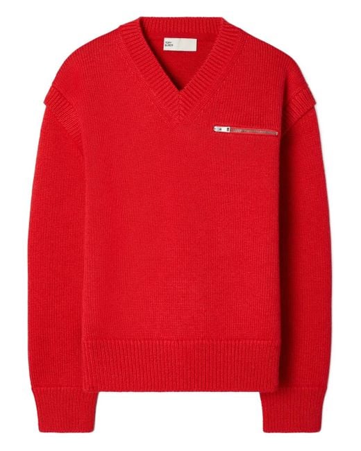 Tory Burch Red Wool V-Neck Sweater