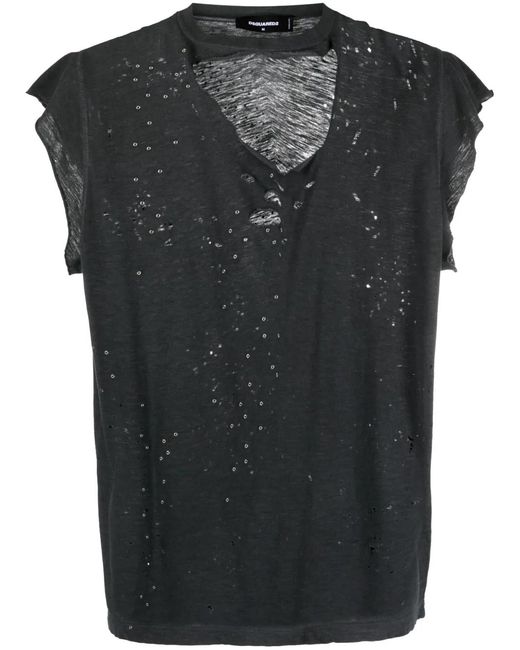 DSquared² Black Distressed-Finish Raw-Cut T-Shirt for men
