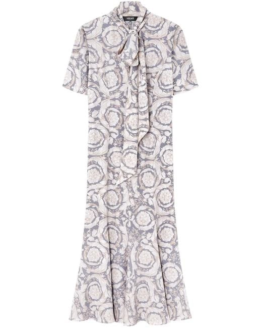 Versace Barocco Lavallière Zijden Midi-Jurk in het White