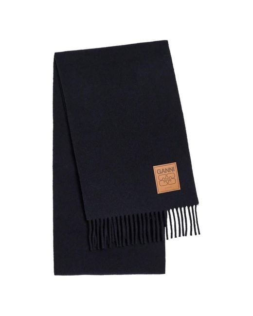 Ganni Blue Logo-Patch Fringed Scarf