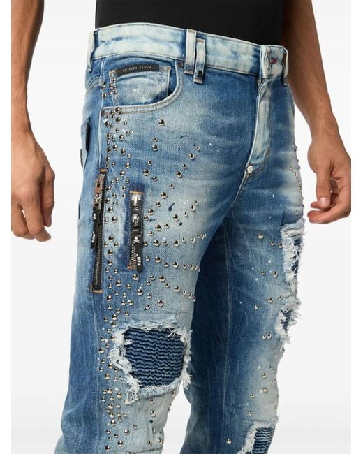Philipp Plein Blue Denim Rock Star Fit Trousers Studs for men