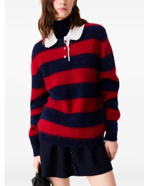 Maje Red Fluffy Jumper With Poplin Collar