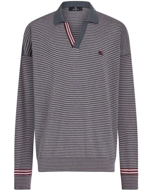 Etro Gray Logo-embroidered Striped Polo Shirt for men