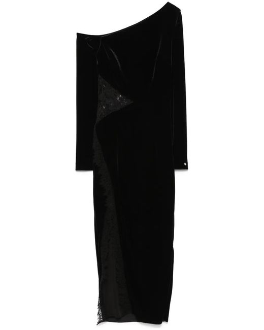 Nissa Black Lace-Insert Velvet Midi Dress