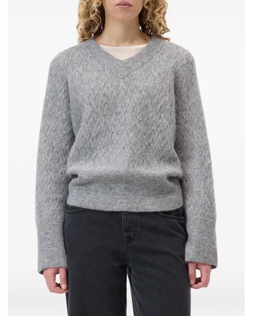 Closed Gray Patterned V-Neck Sweater