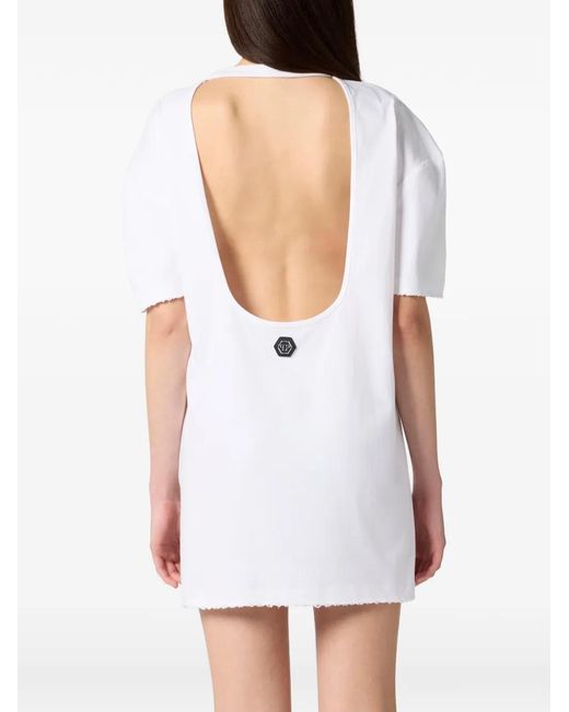 Philipp Plein White Mini Open-Back Logo-Strass Dress