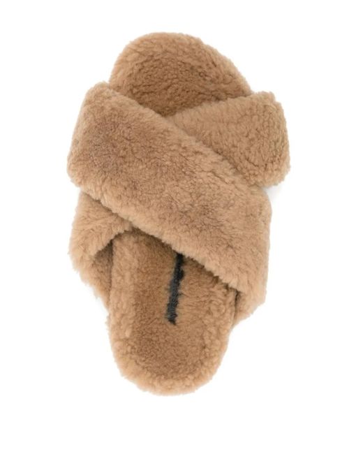 Yves Salomon Natural Crossover-Strap Shearling Slippers