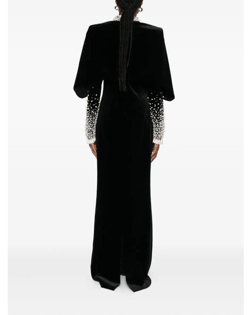 Jean Louis Sabaji Black Faux-Pearl Embellished Velvet Gown