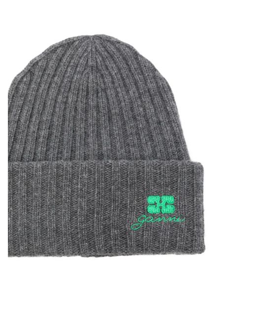 Ganni Gray Ribbed Embroidered Hat