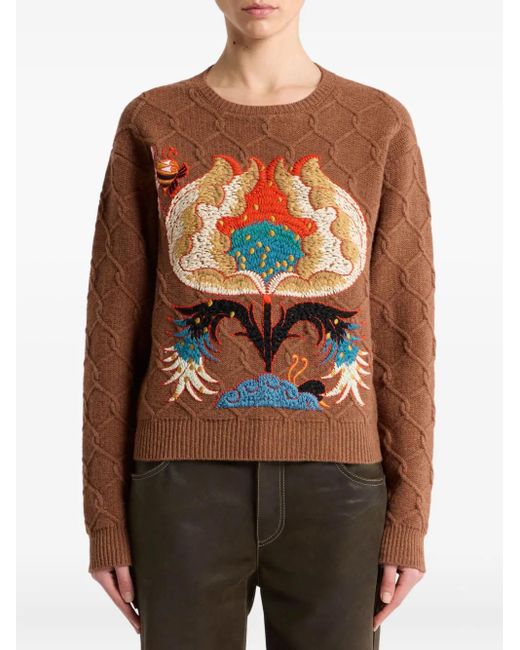 Etro Brown Cable-Knit Floral-Embroidered Sweater