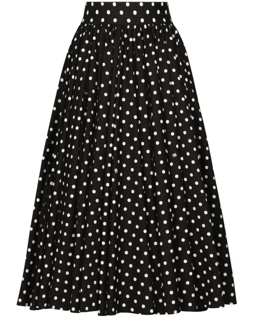 Dolce & Gabbana Black Cotton Calf-Length Circle Skirt With Polka-Dot