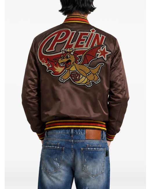 Philipp Plein Brown Satin Bomber Plein Dragon Stones for men