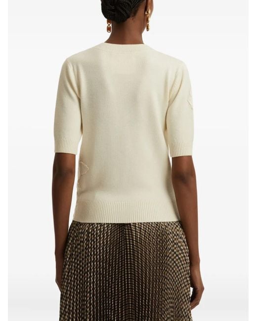 Oscar de la Renta White Guipure-Insert Short-Sleeve Top