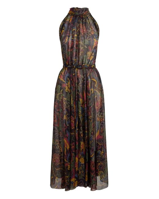 Ralph Lauren Brown High-Neck Floral-Print Midi Dress