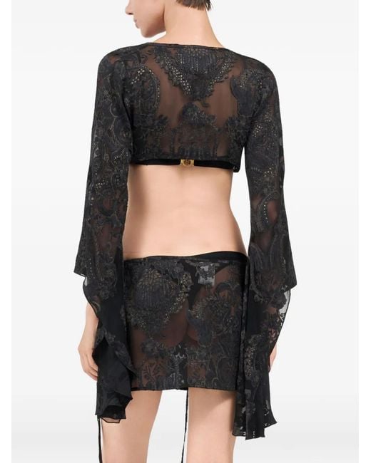 Roberto Cavalli Black Floral Bell-Sleeve Blouse