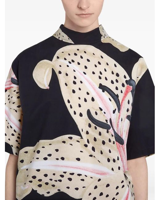 Giambattista Valli Black Lily-Print Poplin Blouse