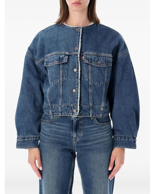 Levi's Blue Faux-Shearling-Trim Cropped Denim Jacket