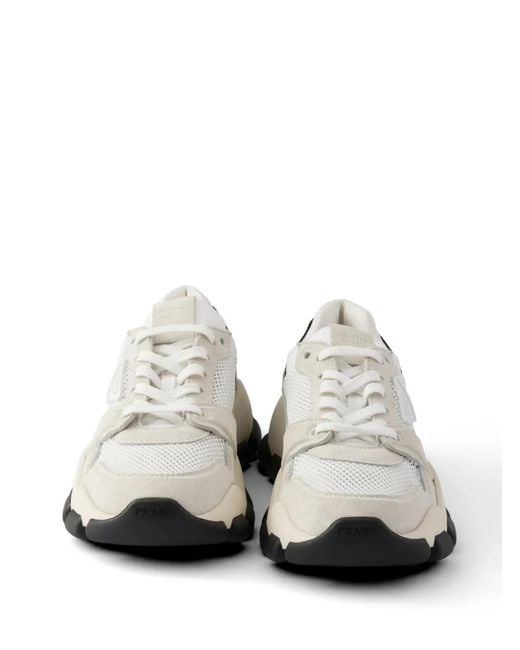 Prada White Mesh Fabric And Suede Sneakers