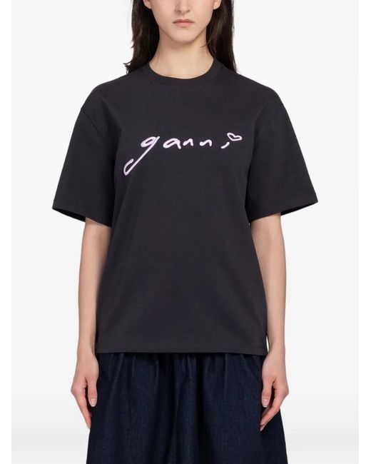 Ganni Black Logo-Print Cotton T-Shirt