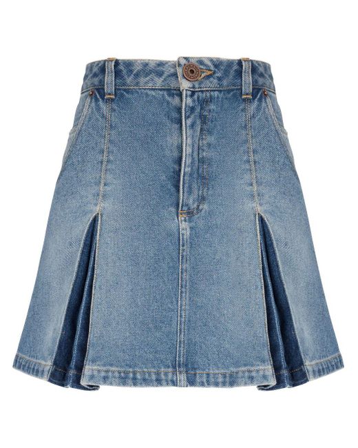 Balmain Blue Pleated Denim Skirt