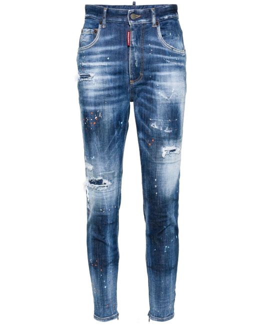 DSquared² Blue Paint-splatter Distressed Tapered Jeans