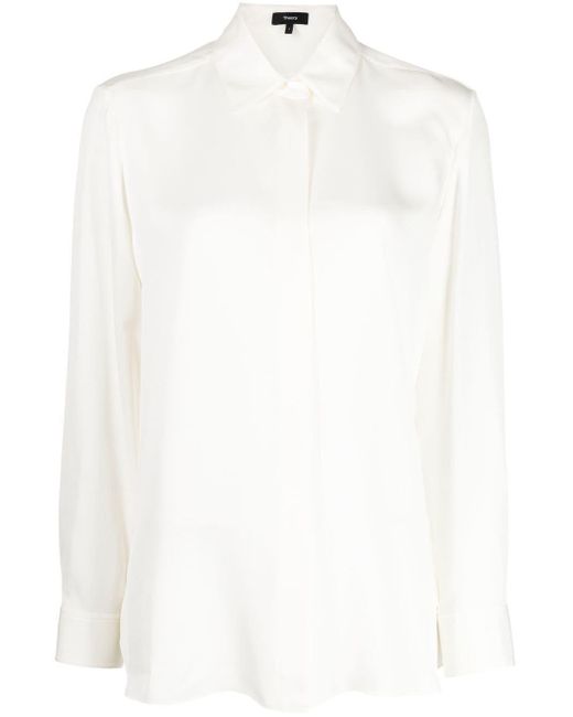 Theory Long-sleeve Silk Blouse in White | Lyst UK