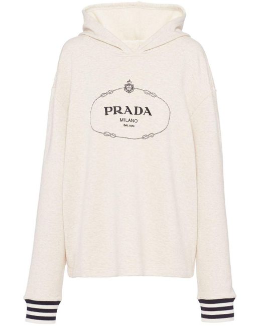 Prada White Logo-embroidered Cotton Fleece Hoodie